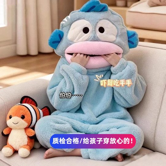 小丑鱼连体睡衣秋冬珊瑚绒加厚保暖搞怪卡通睡袍男女孩儿童家居服