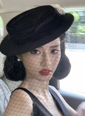 法式赫本风黑色网纱山茶花礼帽民国千金复古优雅气质高级感平顶帽