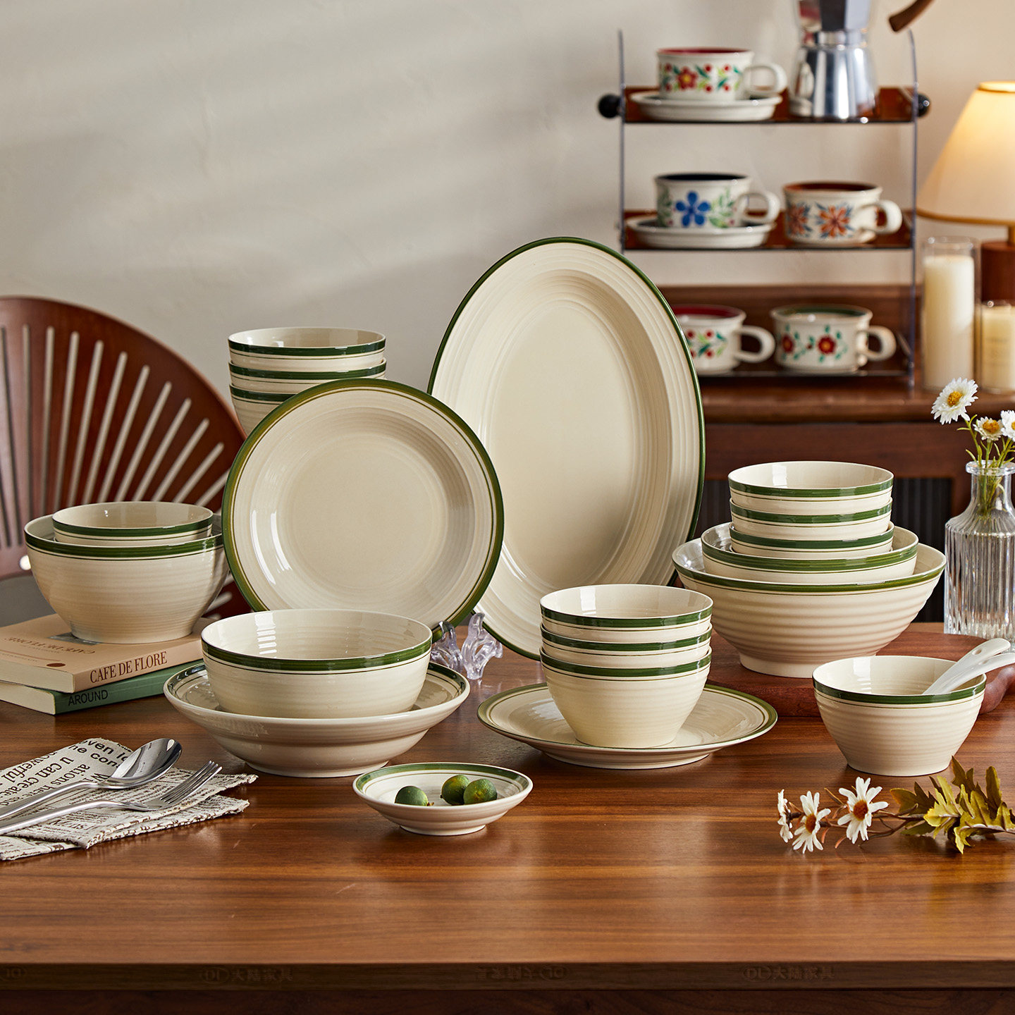复古餐具套装家用2025新款高颜值简约陶瓷碗盘组合乔迁送礼绿韵