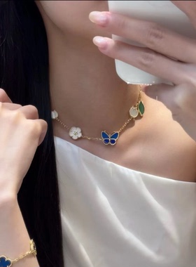 蓝色蝴蝶贝母项链女款2026新款中式轻奢高级感幸运五花锁骨链配饰