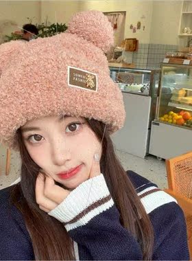 Autumn winter plush bear ears wool hat metal label knted pad