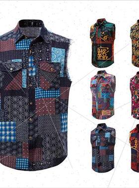 2023 summer new sleeveless shirt men casual cotton linen pri