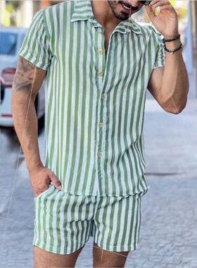 Men 2022 summer new striped twoPCS basic popular shirt men s