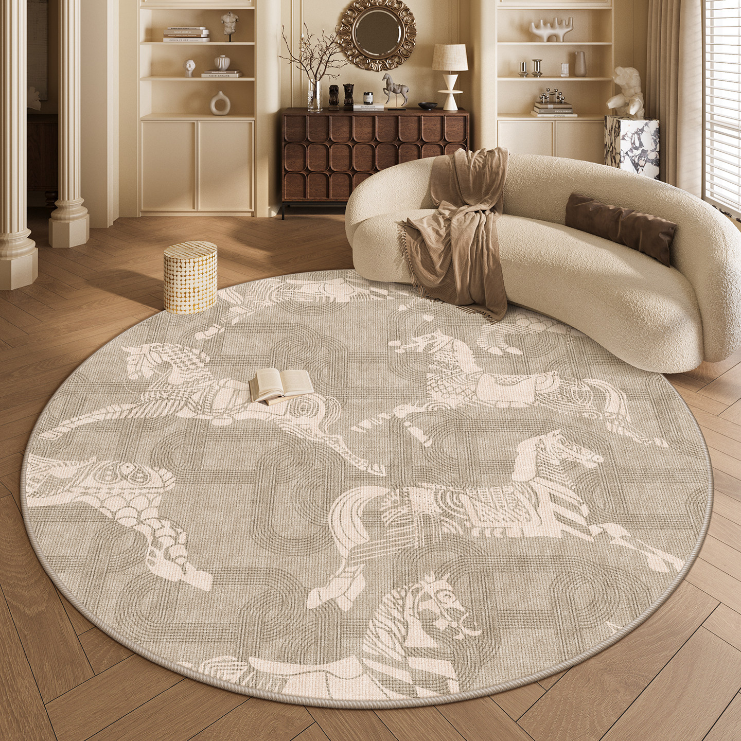 Wabi-Sabi Wind Horse Round Carpet Living Room Bedroom Light Luxury Bedside Dresser Floor Mat Waterproof, Anti-fouling, High-end and Thick