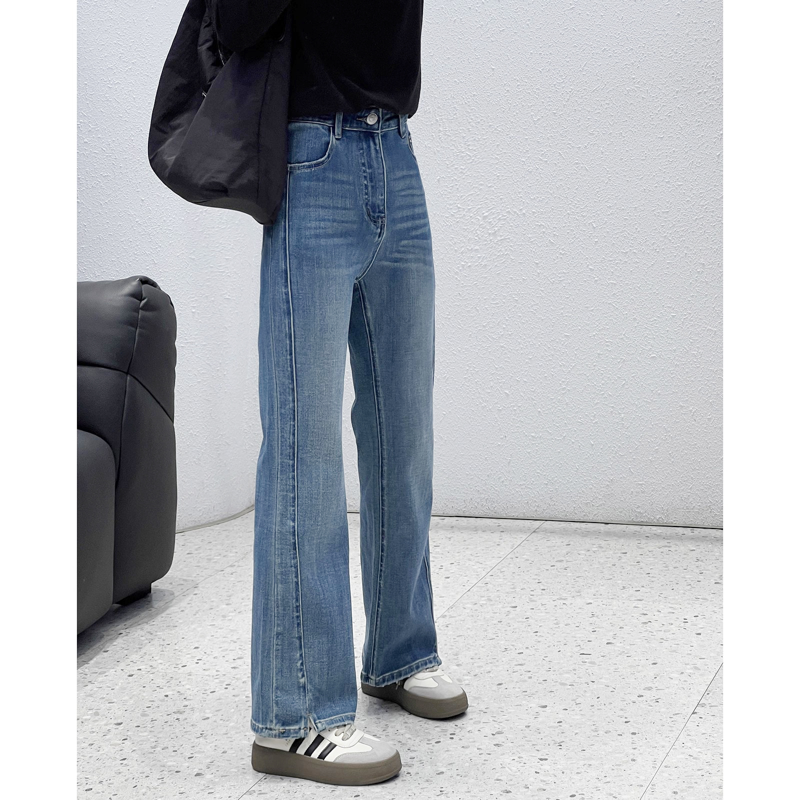 10.8 秋季新款 MY-5036韩版四面弹显瘦侧开叉牛仔微喇裤 - 图1