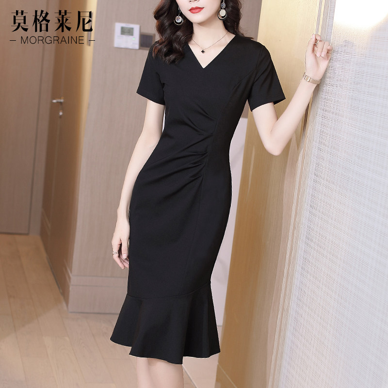 鱼尾裙2020新款夏气质v领连衣裙 莫格莱尼连衣裙