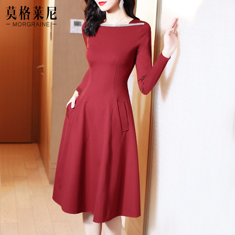 酒红色长袖连衣裙春秋季新款红裙子 莫格莱尼连衣裙