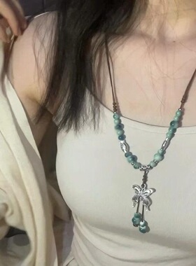 波西米亚陶瓷串珠蝴蝶项链女复古民族风编织绳锁骨链古风汉服配饰