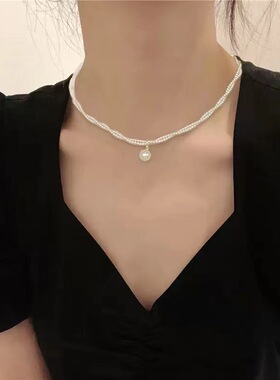麻雀YQ 细珍珠项链女双层叠戴锁骨链轻奢气质颈链饰品珍珠项链