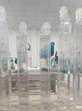 新中式透明树脂狮子摆件金箔拴马桩立柱酒店别墅家居貔貅雕塑落地