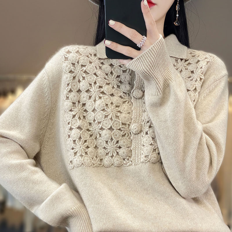 重工手工钩花POLO翻领100%羊毛衫女纯色短款宽松羊绒针织打底毛衣,淘宝优惠券,粉丝福利购,淘宝优惠卷
