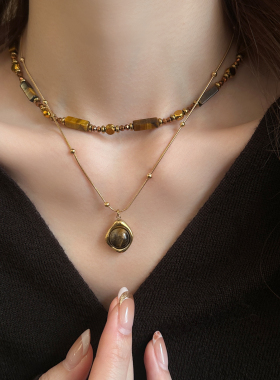 复古美拉德串珠虎眼石款吊坠项链