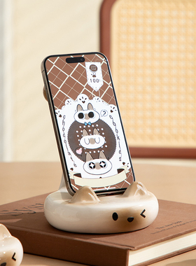 可爱猫咪手机支架办公室桌面陶瓷解压小摆件工位治愈系送女生礼物