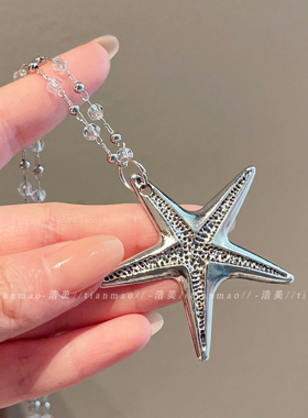 精致银色海星吊坠双层项链高级感