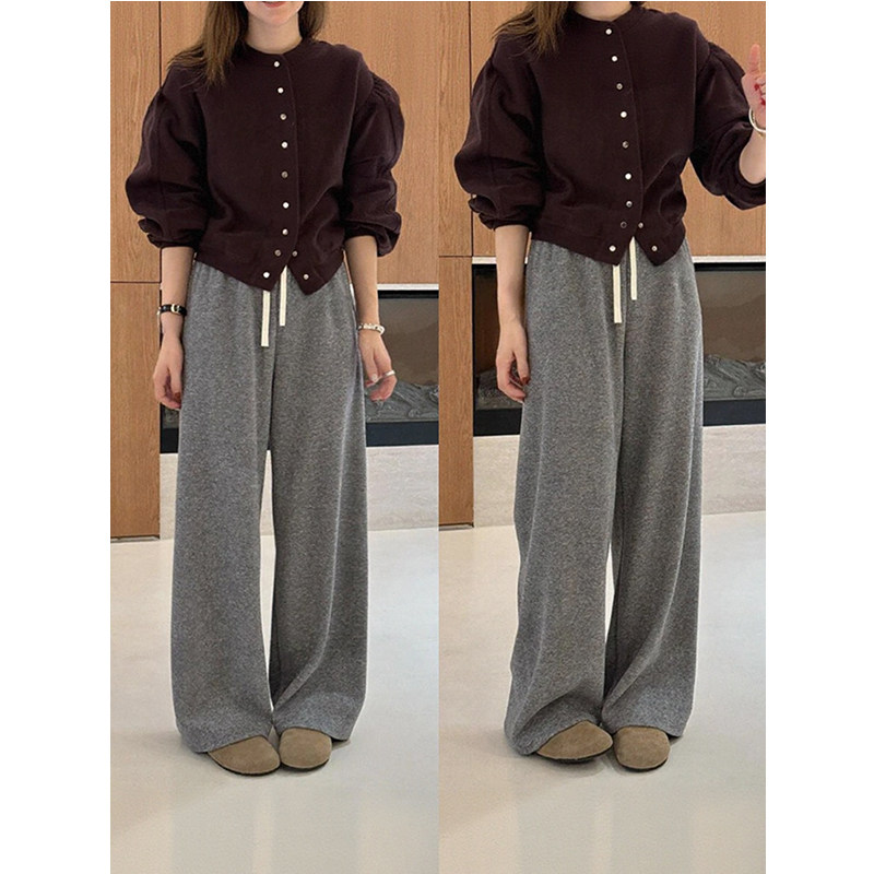 抽绳弹力松紧高腰直筒阔腿卫裤女秋冬新款慵懒风垂感休闲拖地长裤,淘宝优惠券,粉丝福利购,淘宝优惠卷