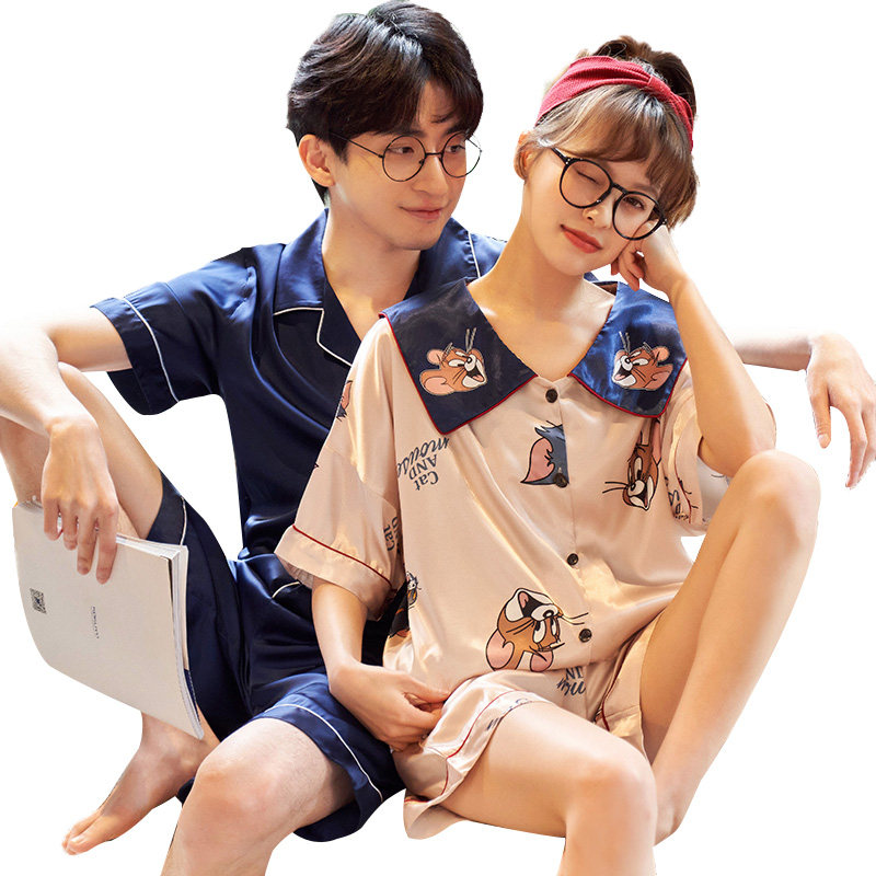 情侣夏冰丝短袖两件套卡通女士睡衣 莼绵睡衣/家居服套装