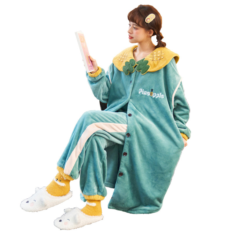 秋冬珊瑚绒加绒睡袍长款可爱睡裙 莼绵睡衣/家居服套装