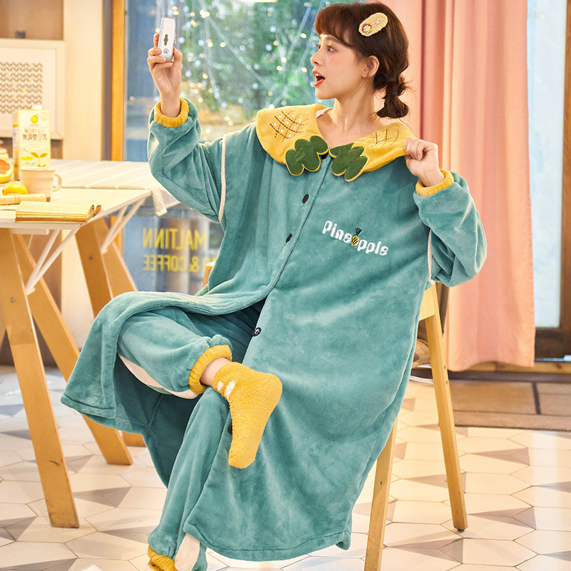 秋冬珊瑚绒加绒睡袍长款可爱睡裙 莼绵睡衣/家居服套装