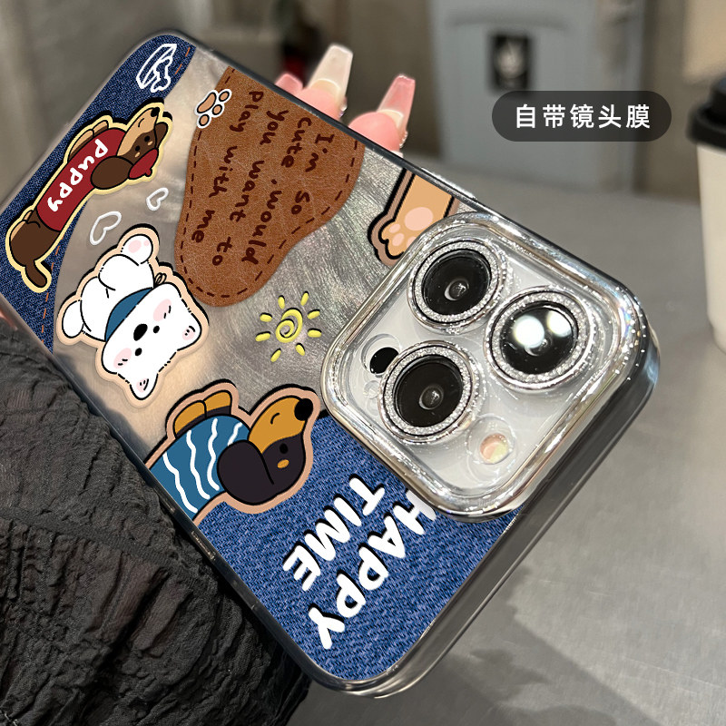 ins牛仔布狗狗适用iphone16pro手机壳17promax苹果15保护套14闪粉全包镜头13情侣男女12日韩卡通可爱plus新款,淘宝优惠券,粉丝福利购,淘宝优惠卷