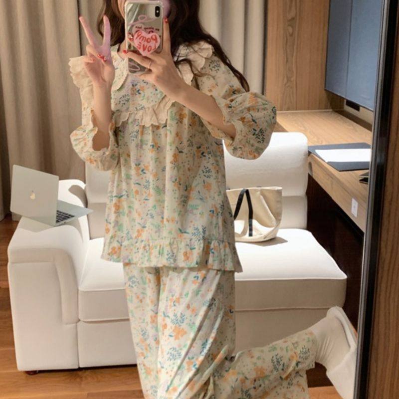 睡衣女甜美蕾丝边春秋季新款娃娃领长袖套装可爱碎花家居服,淘宝优惠券,粉丝福利购,淘宝优惠卷