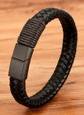 欧美头层牛皮手链真皮男士黑色复古简约个性时尚手环潮男编织手绳