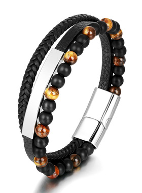 男生痞帅冷淡风玛瑙石手串小众设计三层真皮编织手绳黑色潮流手饰
