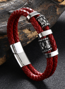 潮牌磁吸扣钛钢手链男女轻奢小众精致手绳高级感黑色真皮双层手环