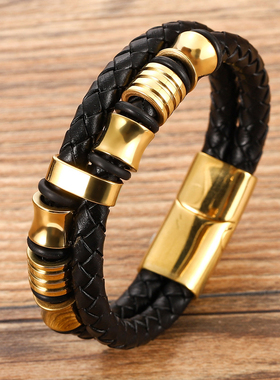 欧美风男士百搭钛钢双层皮质手环