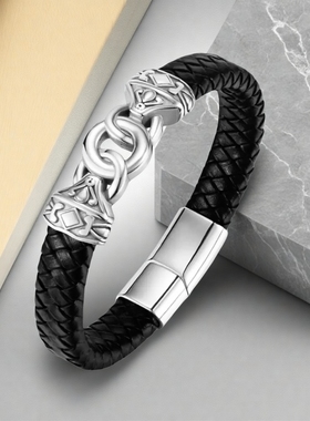 中国风乾坤圈平安扣皮绳手链男士粗款黑色皮质手环磁吸扣手腕饰品