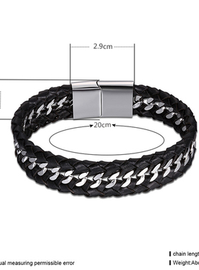 潮牌欧美男士霸气高街明克链条钛钢社会宽粗手环黑色真皮编织手链