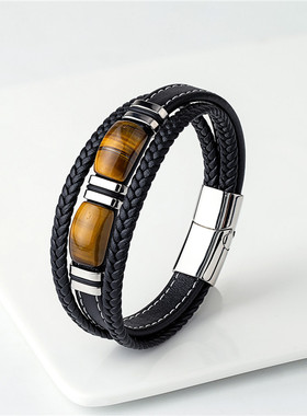 男士帅气高档黑咖紫色多层皮绳编织手绳小众气质玛瑙石手环礼物潮