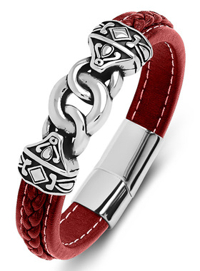 乾坤圈平安扣好运红绳男款皮质编织手链本命年太岁护身红色手绳