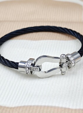 欧美时尚手环不锈钢丝绳磁扣马蹄半钻手镯U形头微镶手环不掉色