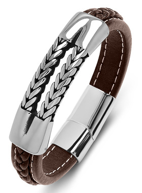 欧美时尚麻花链条不锈钢手链饰品男士个性皮绳编织镂空配件手链