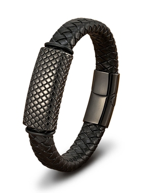 蛇年中国风金色长城纹手牌男士高颜值黑色皮绳手链宽版转运黑绳男