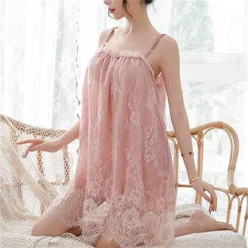 Plus size ໄຂມັນ mm suspender eyelashes lace dress temptation nightgown sexy and interesting see-through pajamas two layers of mesh