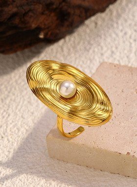 欧美时尚不锈钢几何椭圆珍珠戒指女式活口钛钢指环电镀18K金饰品