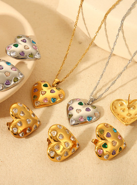 欧美跨境INS复古18k镀金不锈钢彩色白色锆石桃心项链耳环饰品