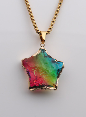 亚马逊多色星形饰品 彩色切面玻璃星星男女士吊坠项链欧美艺术