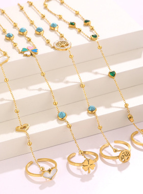 跨境新品小众设计彩色爱心手背链女生戒指手链一体不锈钢镀金