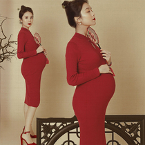Pregnant Woman Photos Clothing Red Knit Qipao Dress Pregnant Womens Photography Clothing Photo Studio Pregnant Women Write True Costumes
