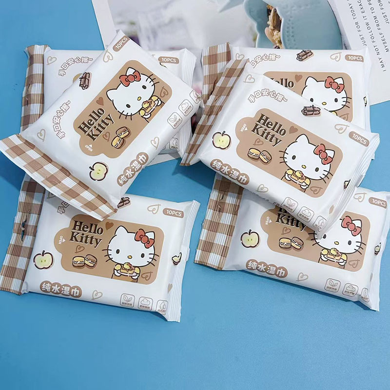 咖色kt猫湿巾10抽学生便携小包湿巾婴儿儿童一次性手口清洁湿纸巾 - 图2