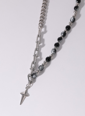 FourPin链条串珠十字拼接项链小众设计感气质百搭钛钢锁骨链男女