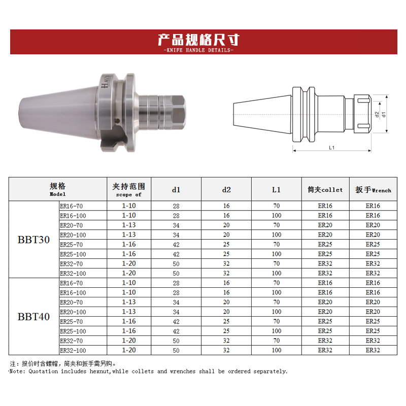 台湾HAVIS 双面贴合刀柄BBT30 BBT40铣刀柄-ER16 20 25 32-70 100 - 图3