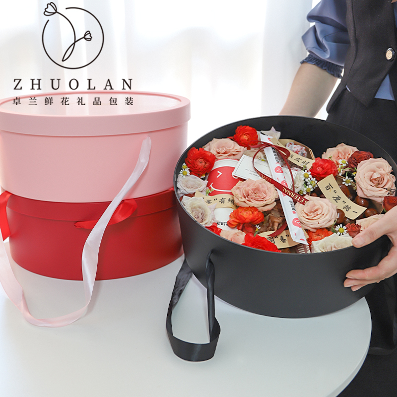 高档手提圆形鲜花水果礼盒入冬四件套花束开窗空盒花盒插花包装盒 - 图0