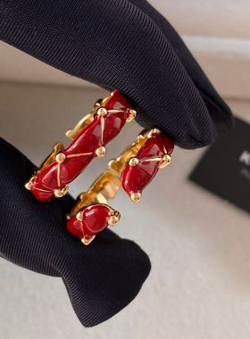 本命年酒红色金珠格纹开口戒指女2026新款爆款小众可调节食指戒环