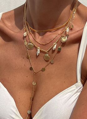多层叠戴金色海螺扇贝项链套装 欧美ins风海边旅行度假搭配饰品潮