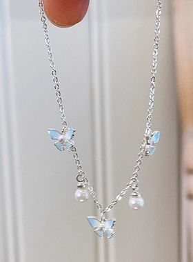 薄荷蓝蝴蝶珍珠手链女时尚高级感甜美精致手饰夏日小清新百搭配饰