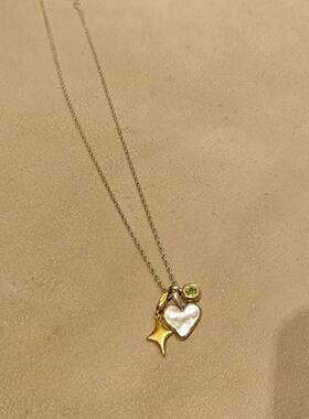可拆卸日系简约版银色爱心金星芒绿超闪吊坠项链锁骨链