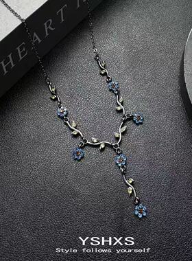 春夏氛围中古蓝色小花项链新款爆款简约森系锁骨链古着复古颈链